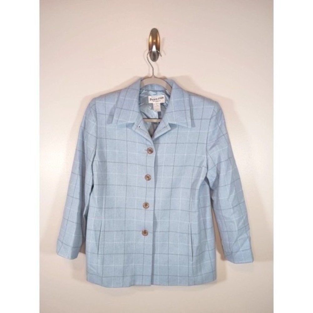 Pendleton Womens Petite 6 100% Virgin Wool Blue Plaid Blazer Preppy Jacket